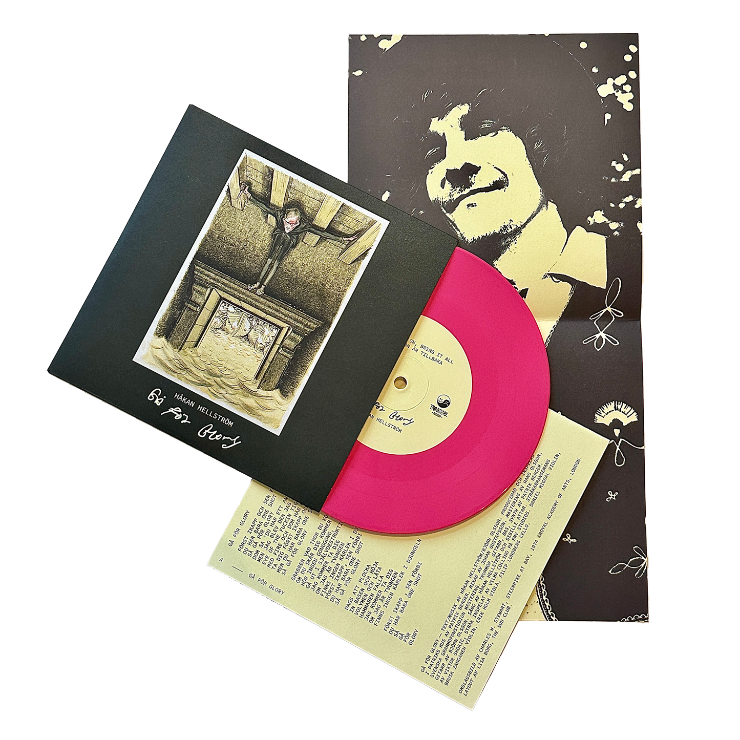 Omslag och rosa vinyl till Håkan Hellströms skiva Gå för glory.