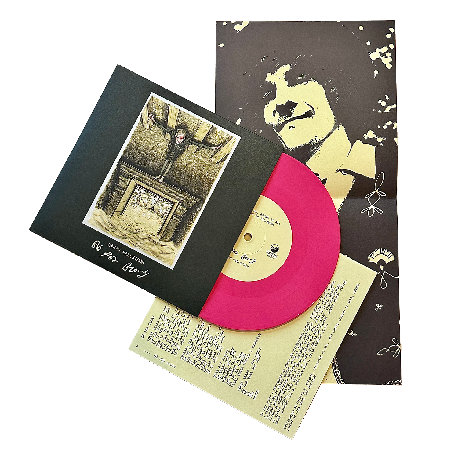 Omslag och rosa vinyl till Håkan Hellströms skiva Gå för glory.