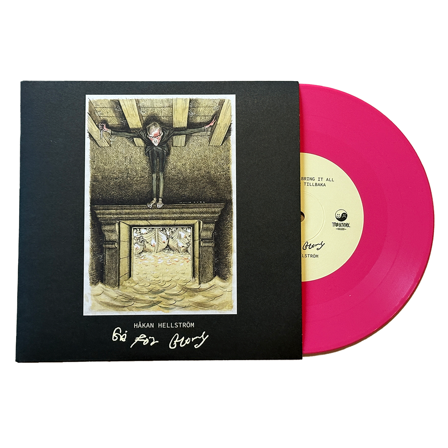 Omslag och rosa vinyl till Håkan Hellströms skiva Gå för glory.
