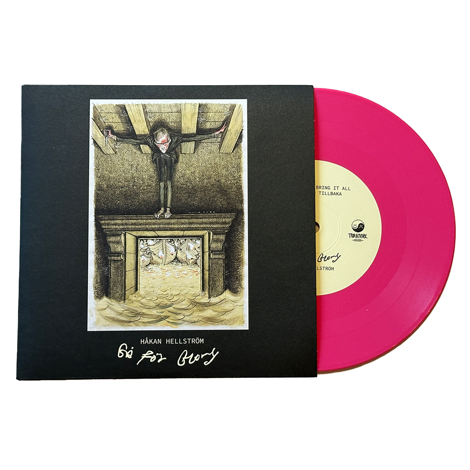 Omslag och rosa vinyl till Håkan Hellströms skiva Gå för glory.